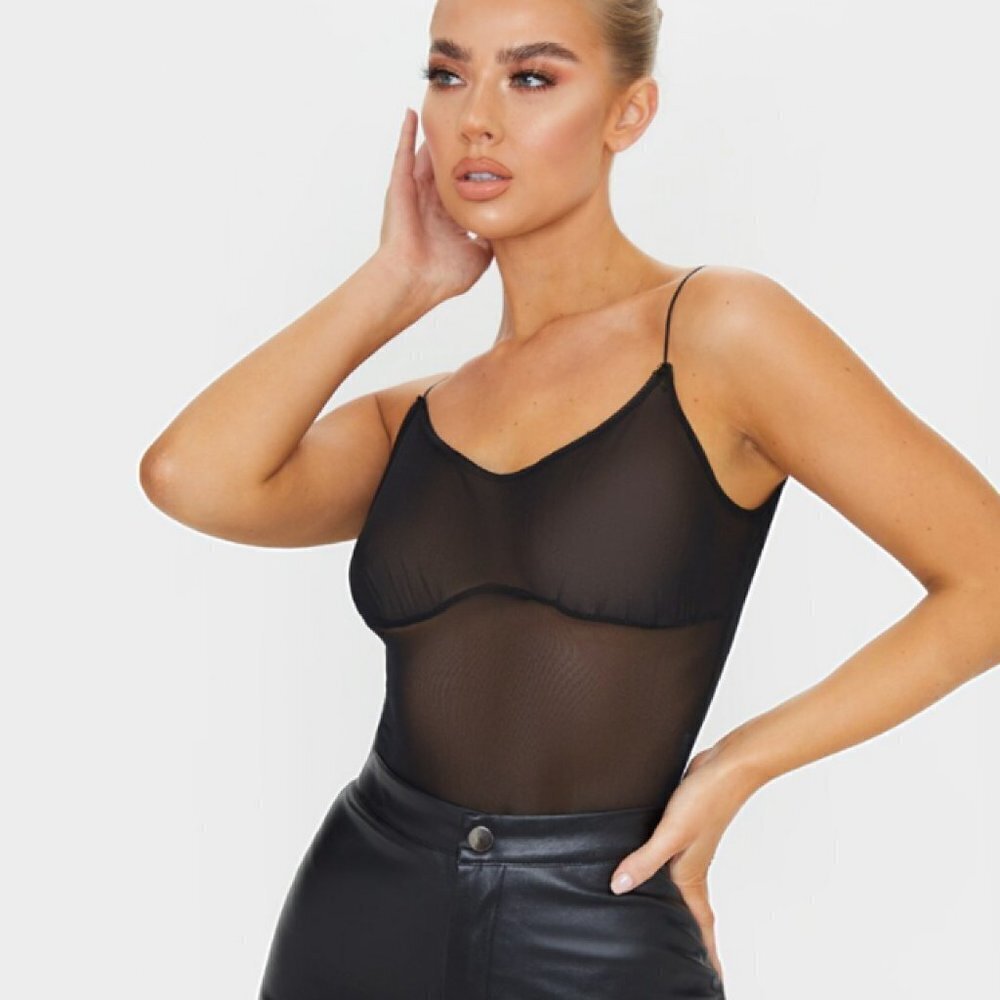 Pretty Little Thing Black Mesh Bust Panel Bodysuit